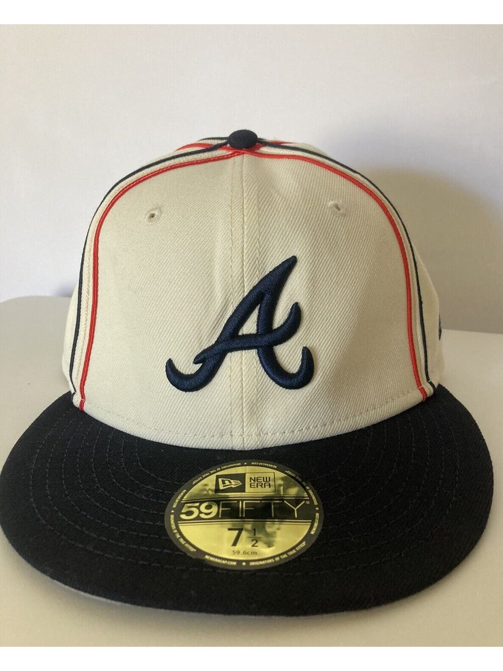 New Era Atlanta Braves Cream/Navy 59Fifty Men's Fitted Hat Chrome Sutash 7 1/2
